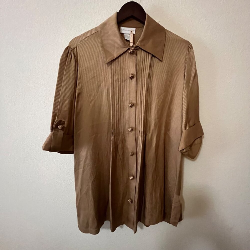 Soft Surroundings Women's 1/2 Roll Tab Sleeve Gold Silk Blouse Button Up SZ S